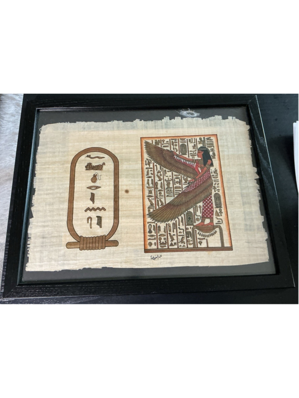 Vintage Egyptian Papyrus Painting Framed Isis Goddess HieroglyphicCartouche15x12